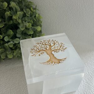 Caixa Purificadora de Selenita Quadrada com Tampa Árvore da Vida