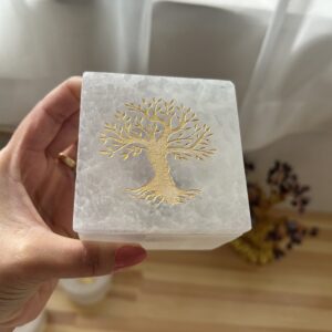 Caixa Purificadora de Selenita Quadrada com Tampa Árvore da Vida