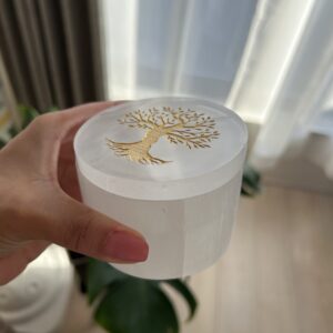 Caixa Purificadora de Selenita Redonda com Tampa Árvore da Vida