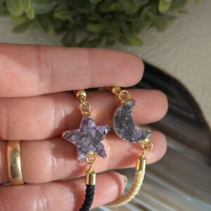 Pulseira de Cordão com Drusa de Ametista Lua e Estrela • Proteção e Intuição