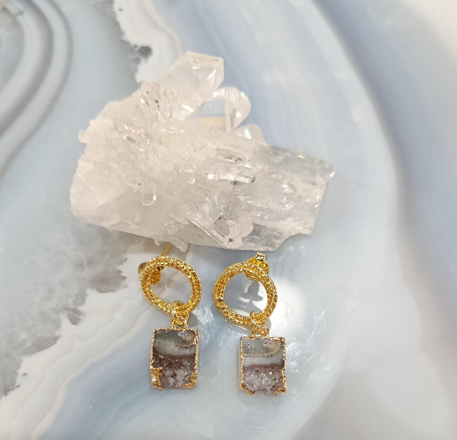 Brinco Fatia de Ametista com Ágata Natural | Brinco de Pedra Natural Banhado a Ouro - Imagem 2