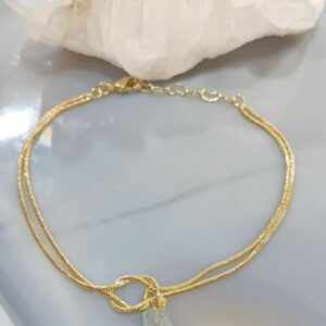 Pulseira Água-Marinha Natural Bruta em Corrente Snake Dupla Dourada