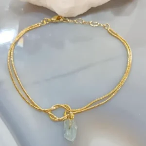 Pulseira Água-Marinha Natural Bruta em Corrente Snake Dupla Dourada