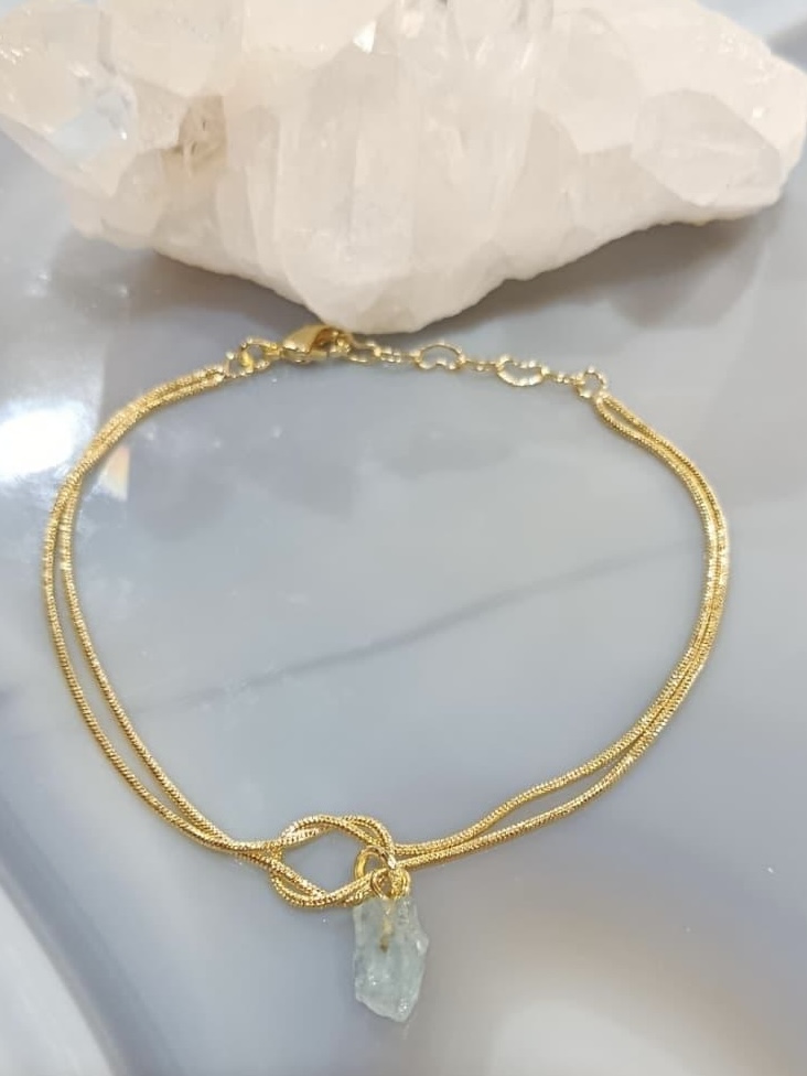 Pulseira Água-Marinha Natural Bruta em Corrente Snake Dupla Dourada