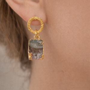 Brinco Fatia de Ametista com Ágata Natural | Brinco de Pedra Natural Banhado a Ouro